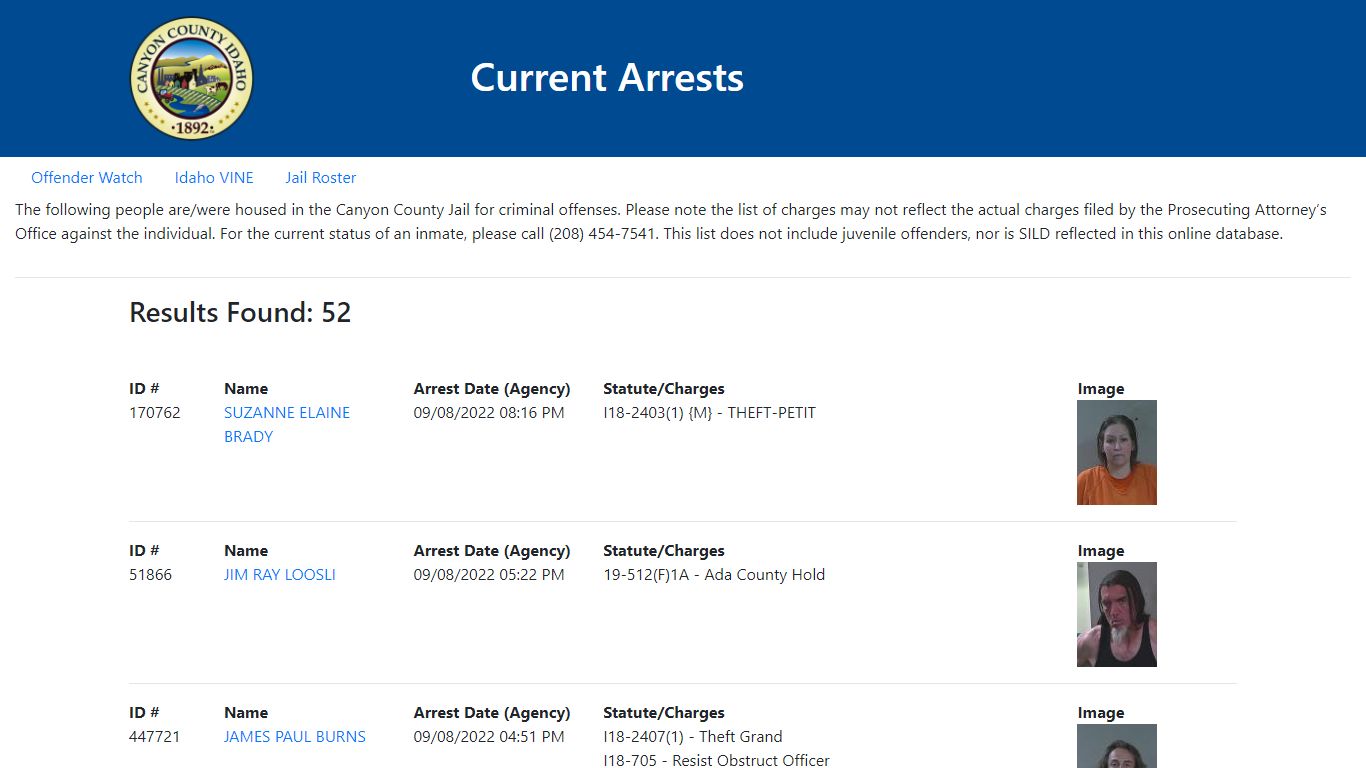 Current Arrests - Canyon County, Idaho